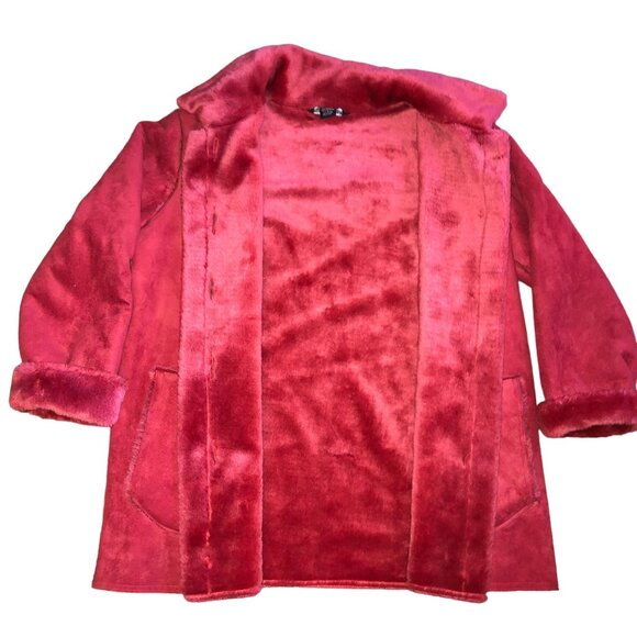 RED VEGAN SUEDE COAT SZ M RED SHERPA LINED FRONT POCKETS CA.SUAL WOMENS - Picture 3 of 5